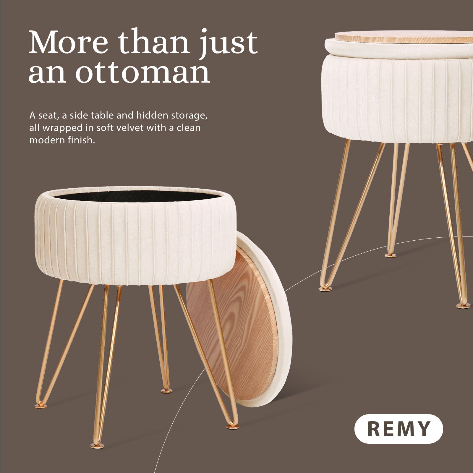 Cream Beige Velvet Storage Ottoman with Gold Legs