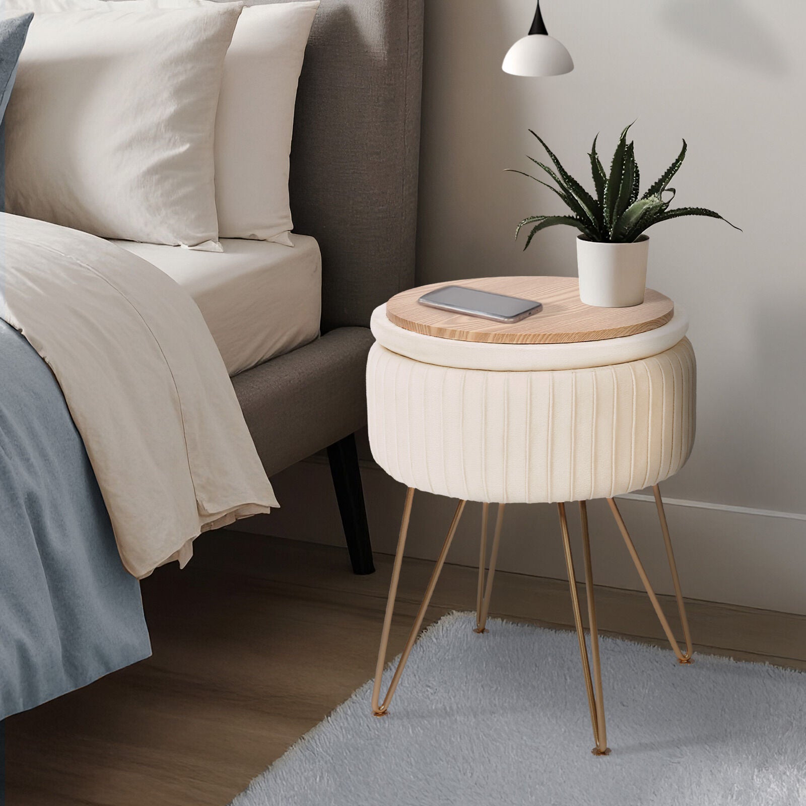 Cream Beige Velvet Storage Ottoman with Gold Legs