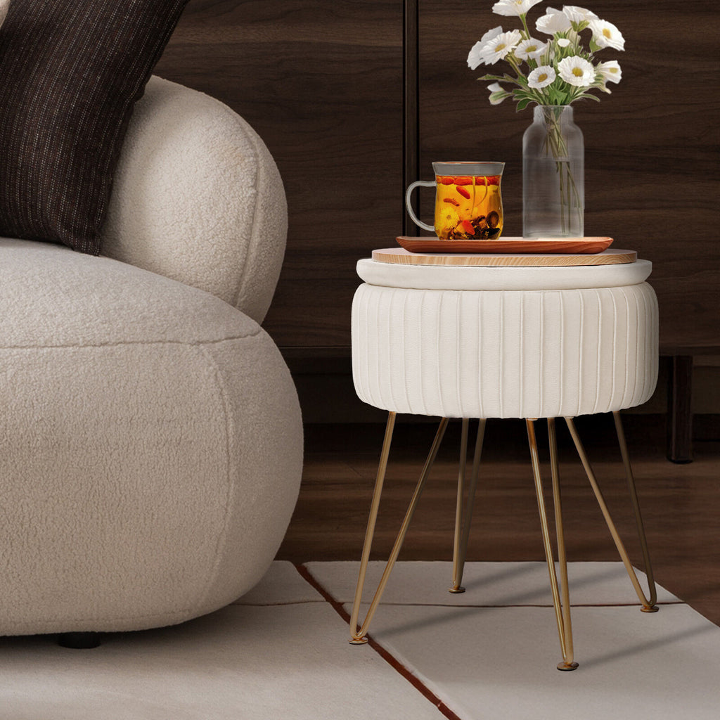 Cream Beige Velvet Storage Ottoman with Gold Legs