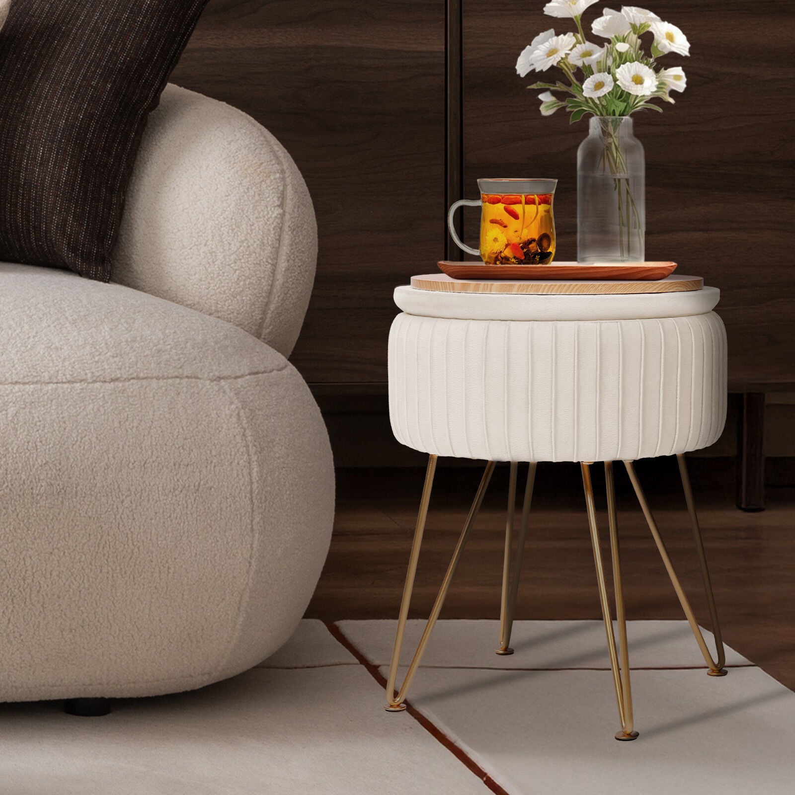 Cream Beige Velvet Storage Ottoman with Gold Legs