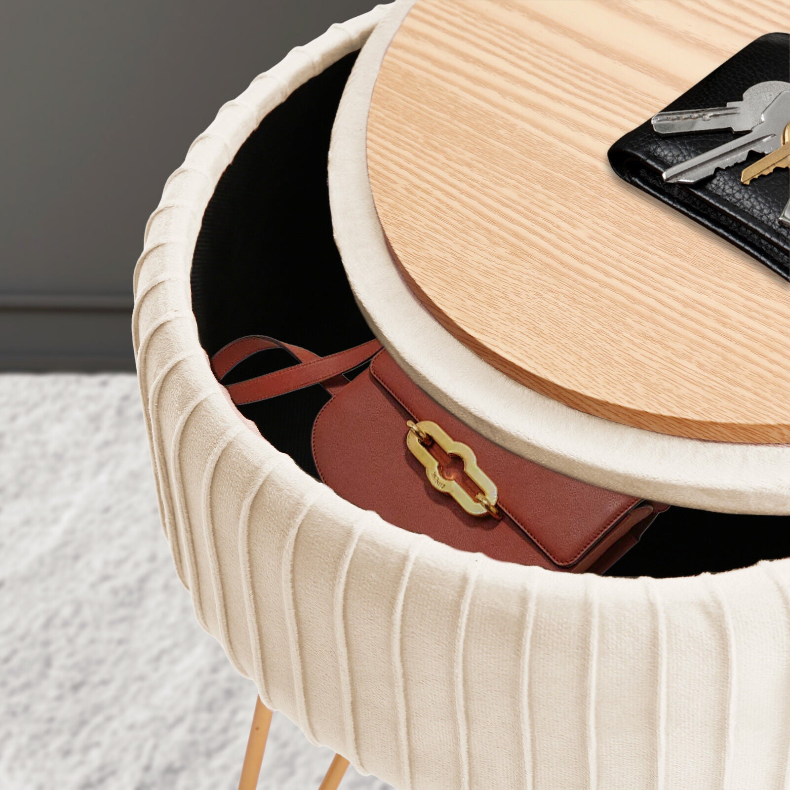 Cream Beige Velvet Storage Ottoman with Gold Legs