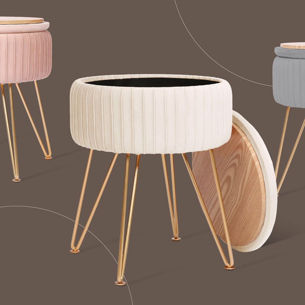 Cream Beige Velvet Storage Ottoman with Gold Legs