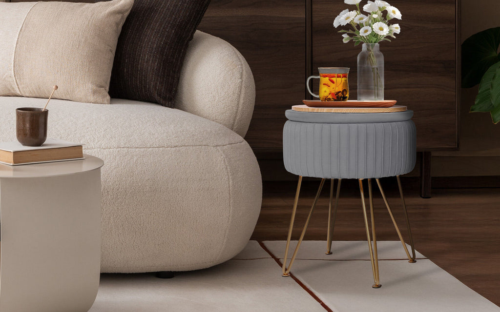 Grey Velvet Storage Ottoman with Gold Legs