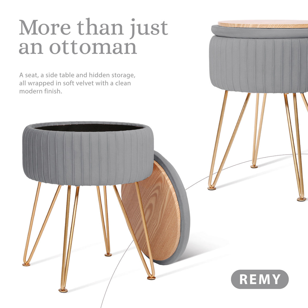 Grey Velvet Storage Ottoman with Gold Legs