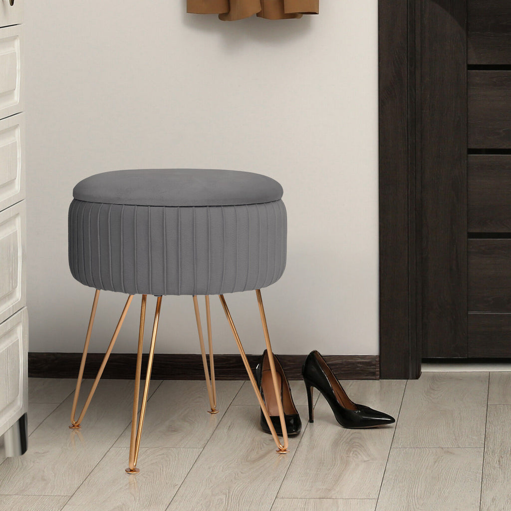 Grey Velvet Storage Ottoman with Gold Legs