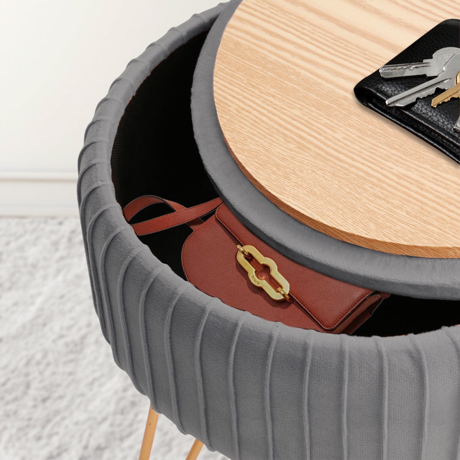 Grey Velvet Storage Ottoman with Gold Legs