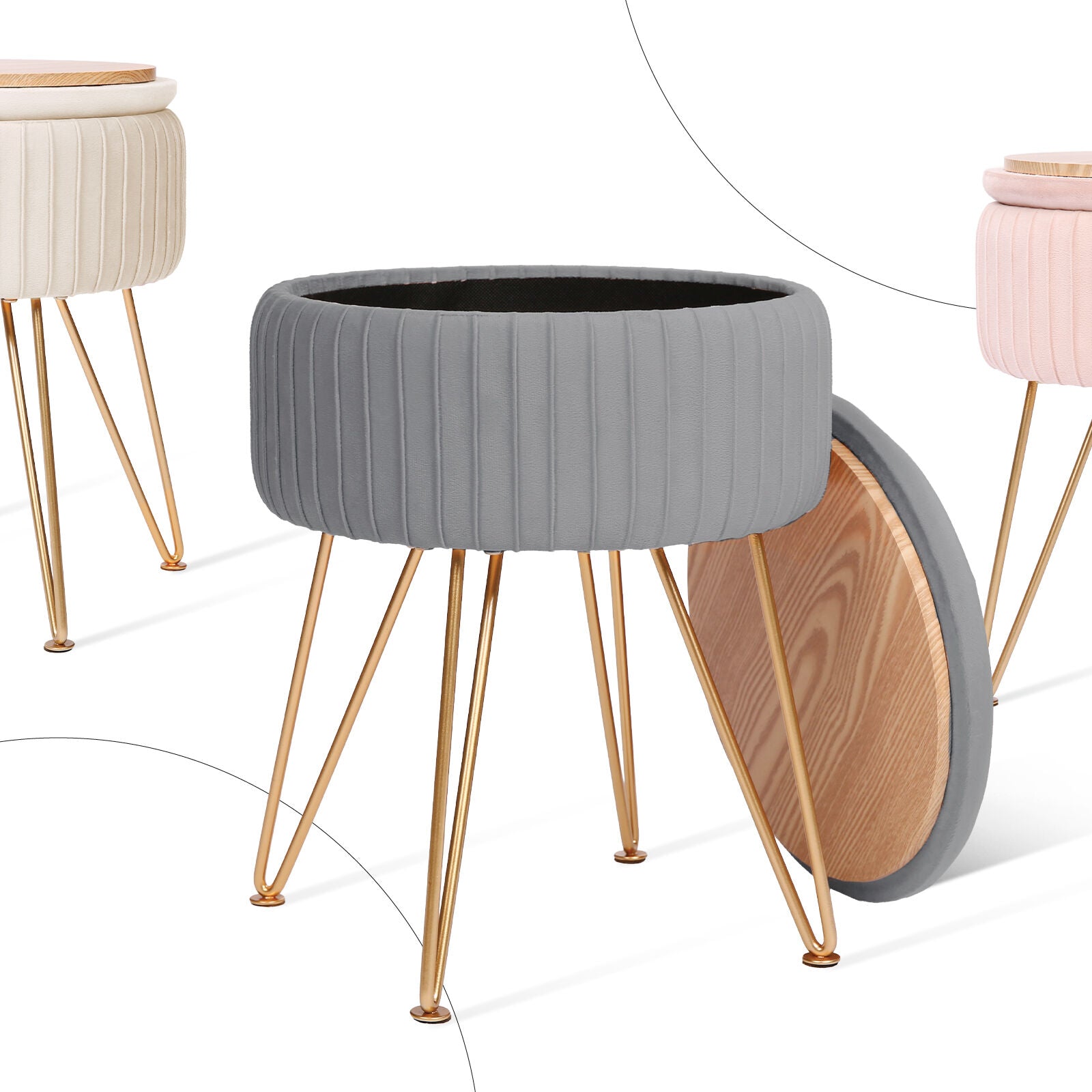 Grey Velvet Storage Ottoman with Gold Legs