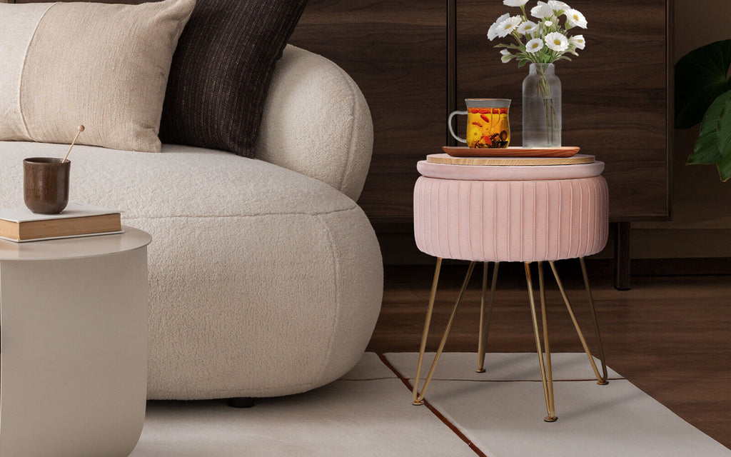 Pink Velvet Storage Ottoman with Gold Legs