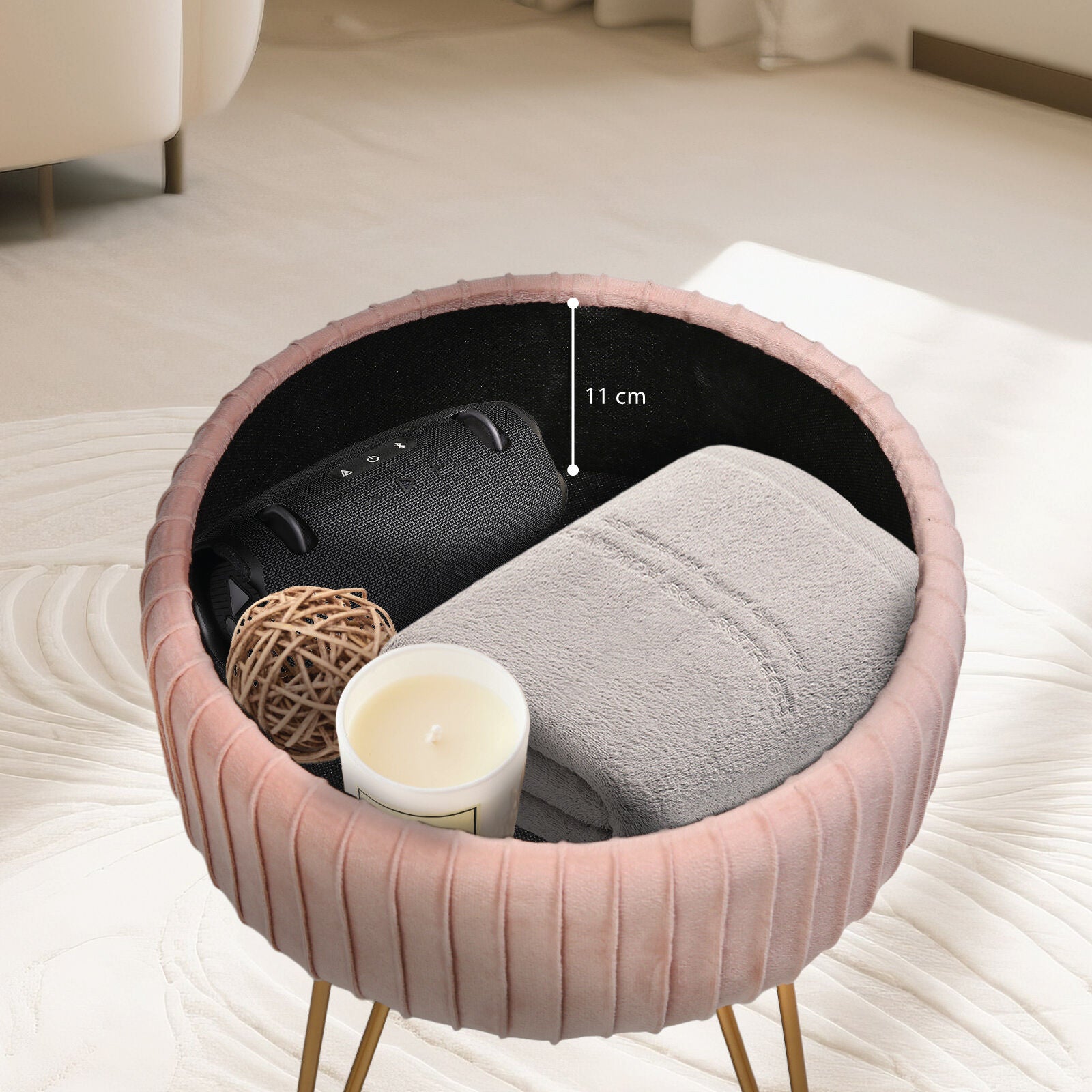 Pink Velvet Storage Ottoman with Gold Legs