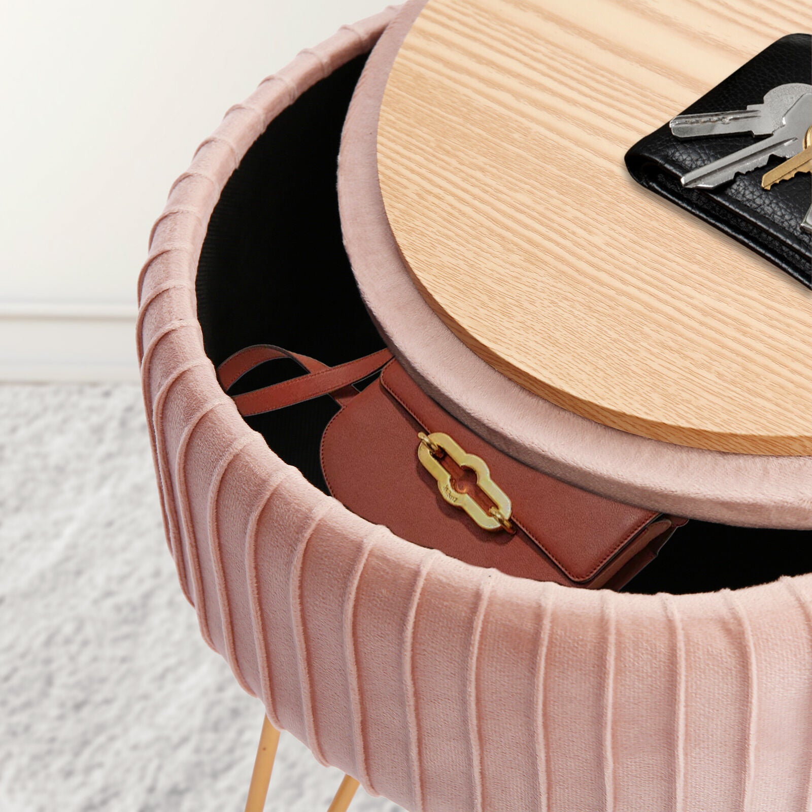 Pink Velvet Storage Ottoman with Gold Legs