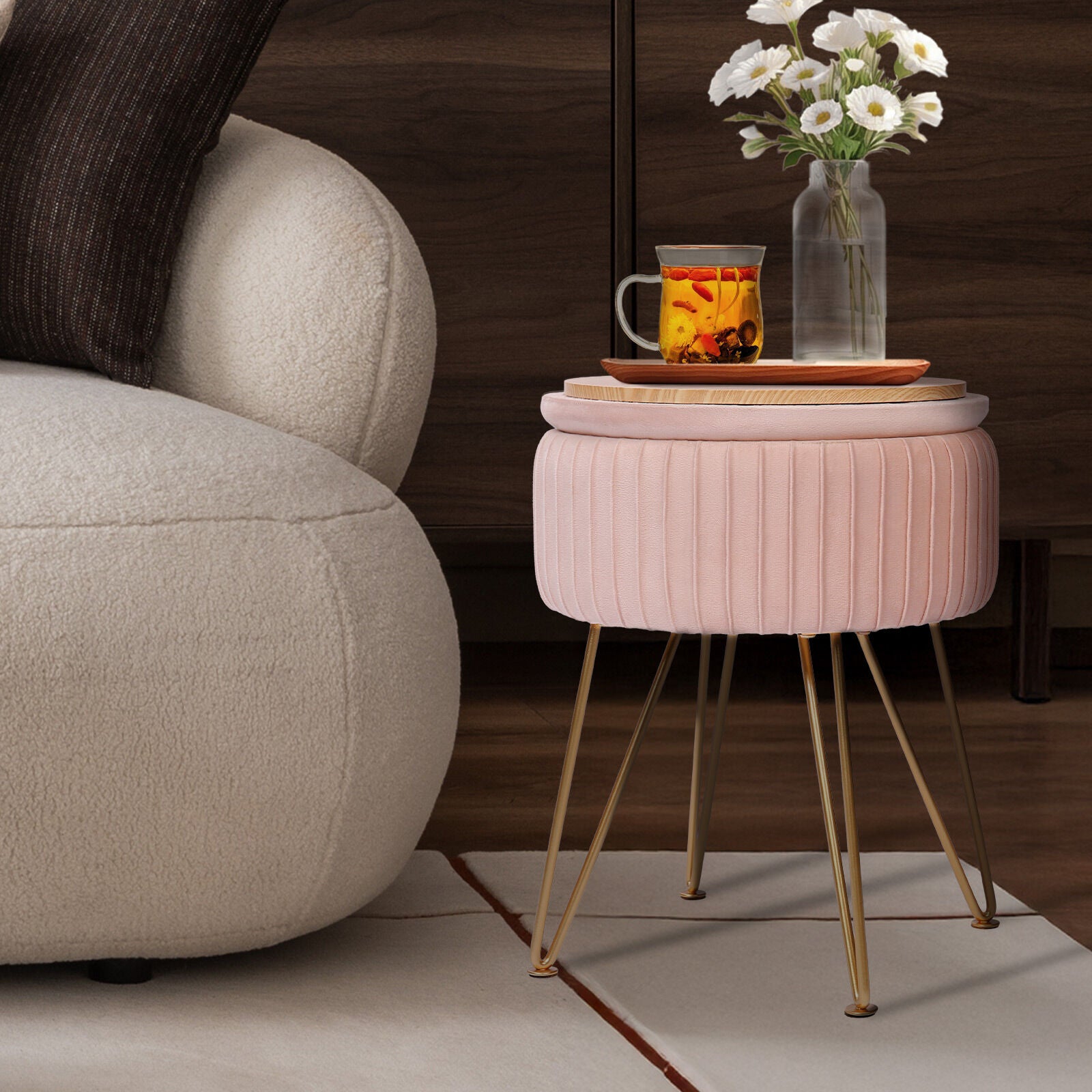 Pink Velvet Storage Ottoman with Gold Legs