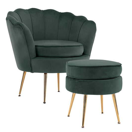 okretro Armchair Lounge Chair Accent Velvet Shell Scallop + Ottoman Footstool Round GREEN