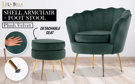 okretro Armchair Lounge Chair Accent Velvet Shell Scallop + Ottoman Footstool Round GREEN