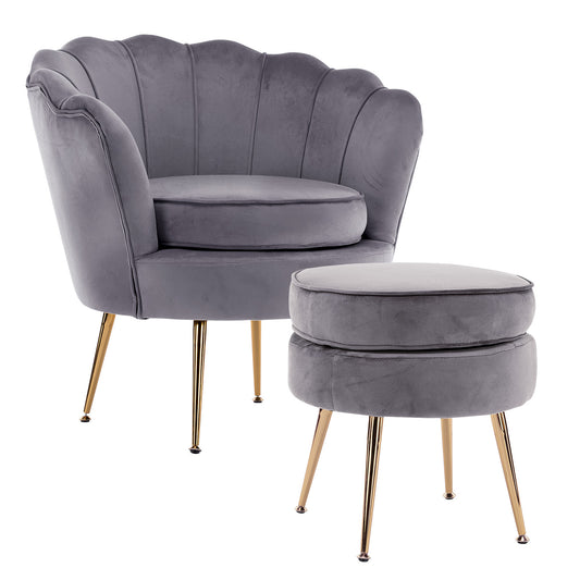 Okretro Armchair Lounge Chair Accent Velvet Shell Scallop + Ottoman Footstool Round GREY