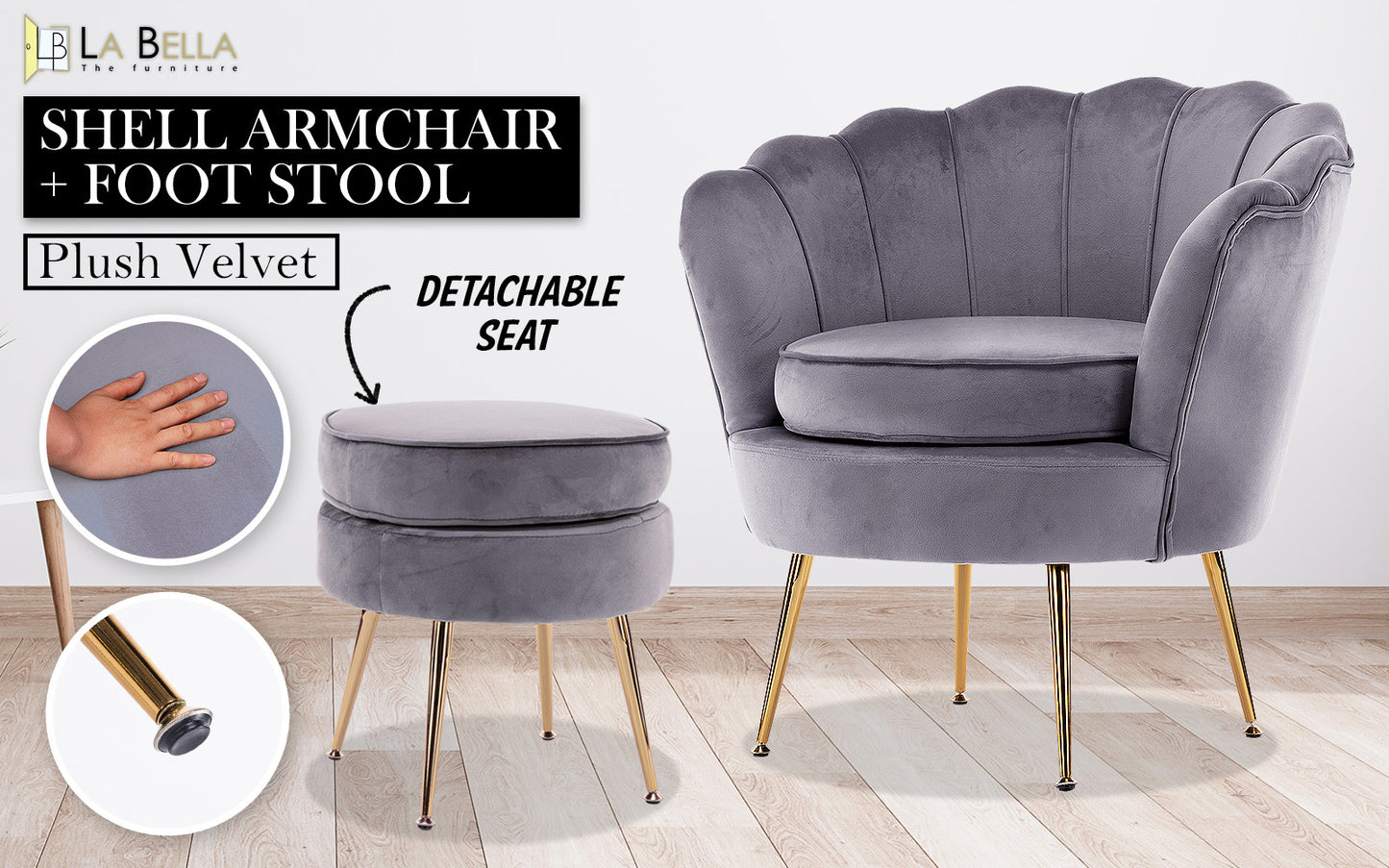 Okretro Armchair Lounge Chair Accent Velvet Shell Scallop + Ottoman Footstool Round GREY