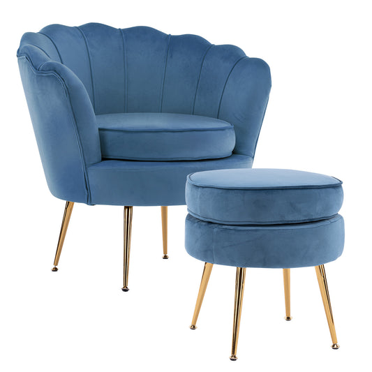 Okretro Armchair Lounge Chair Accent Velvet Shell Scallop + Ottoman Footstool Round NAVY BLUE