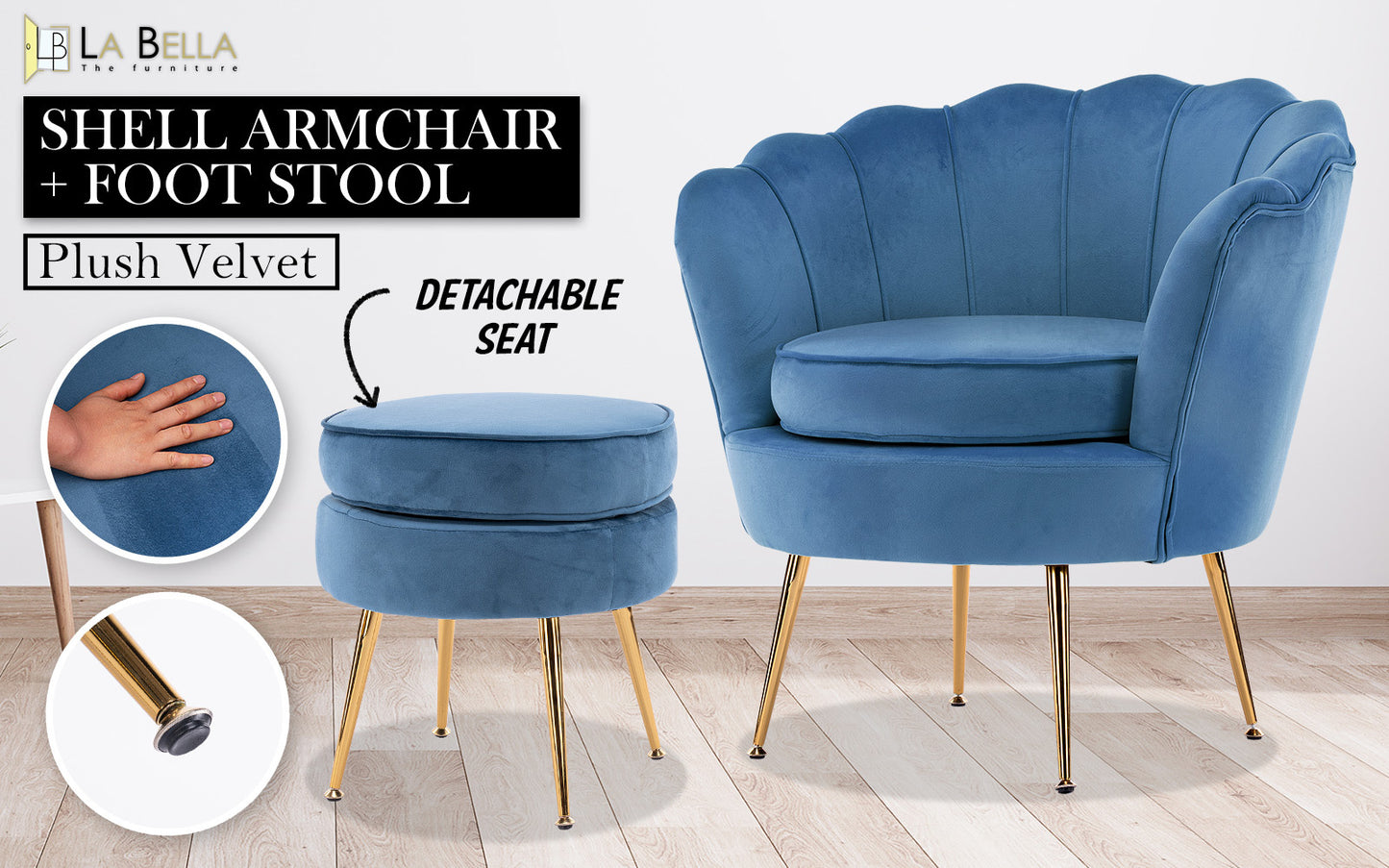 Okretro Armchair Lounge Chair Accent Velvet Shell Scallop + Ottoman Footstool Round NAVY BLUE