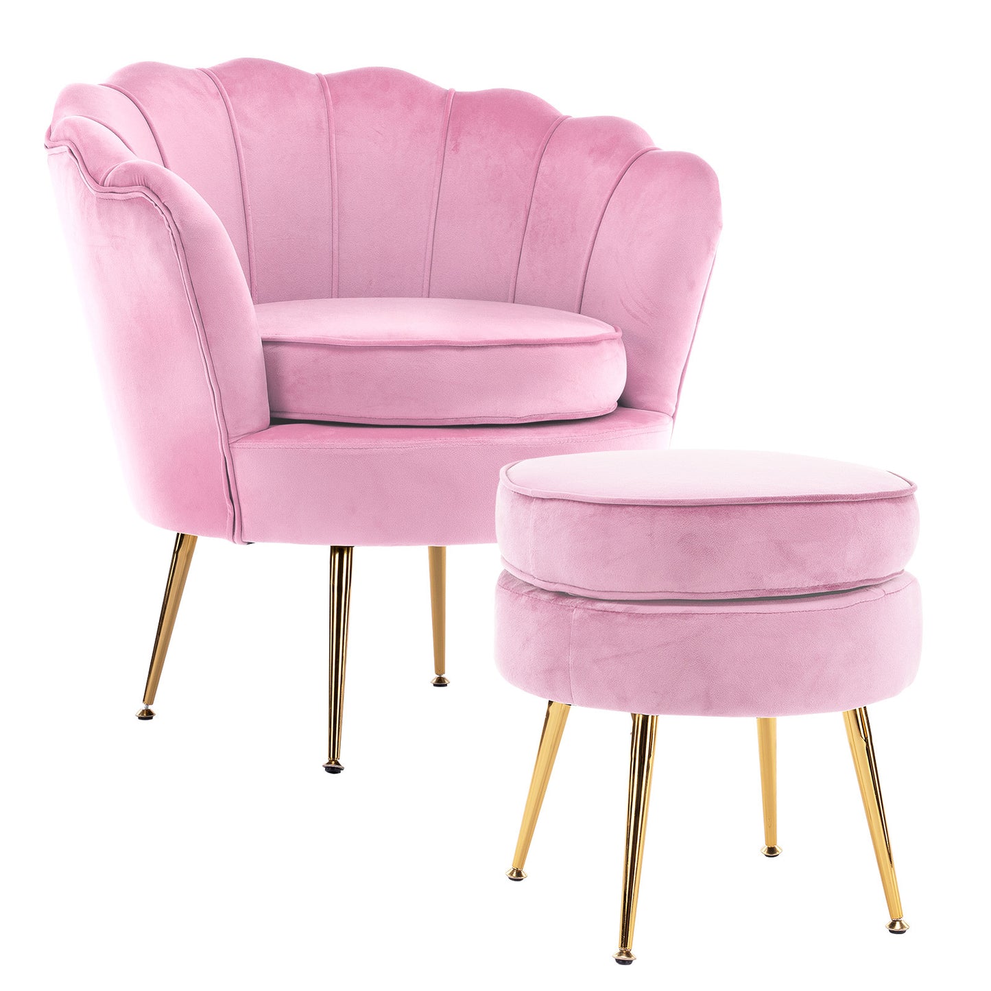 Okretro Armchair Lounge Chair Accent Velvet Shell Scallop + Round Ottoman Footstool PINK