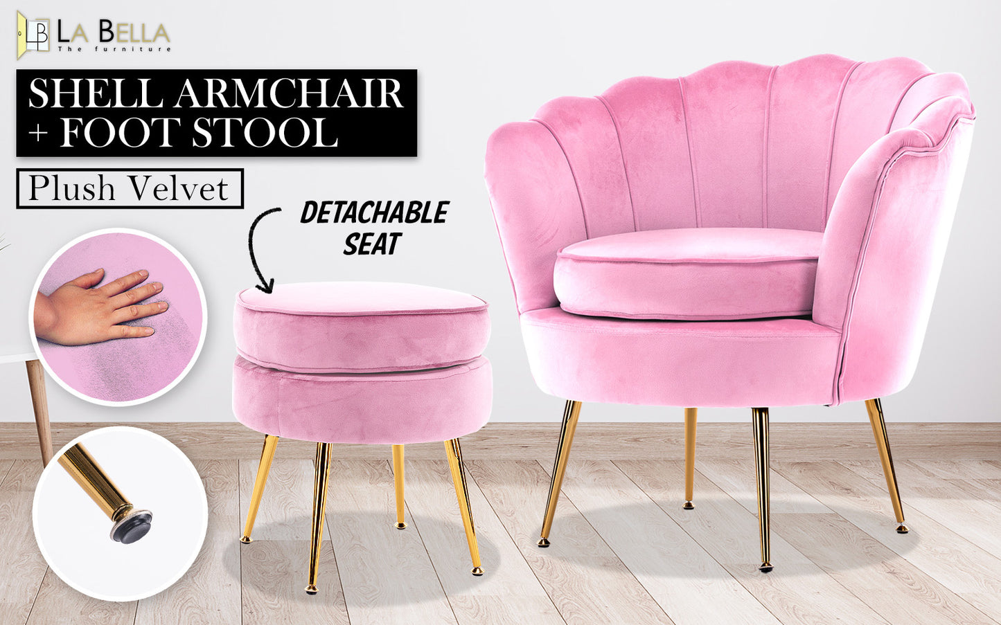 Okretro Armchair Lounge Chair Accent Velvet Shell Scallop + Round Ottoman Footstool PINK