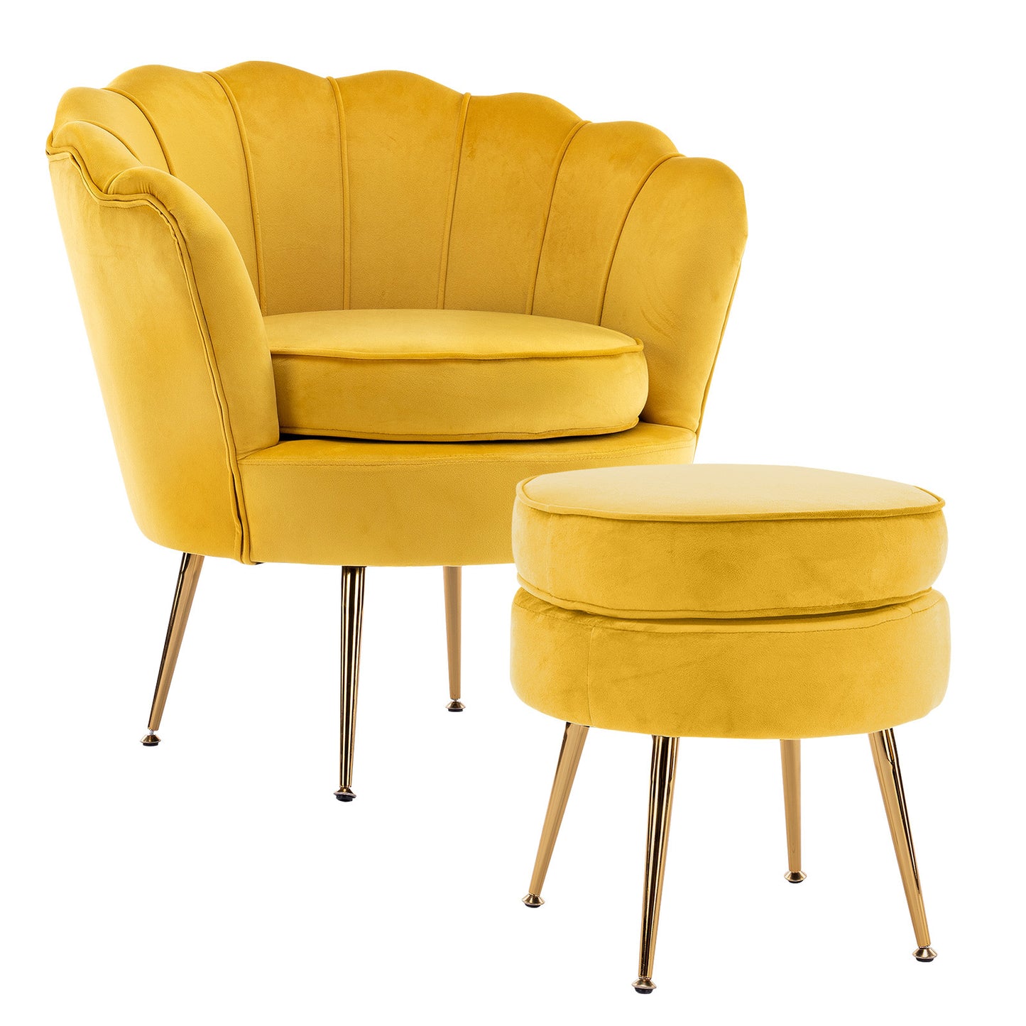 Okretro Armchair Lounge Chair Accent Velvet Shell Scallop + Round Ottoman Footstool YELLOW