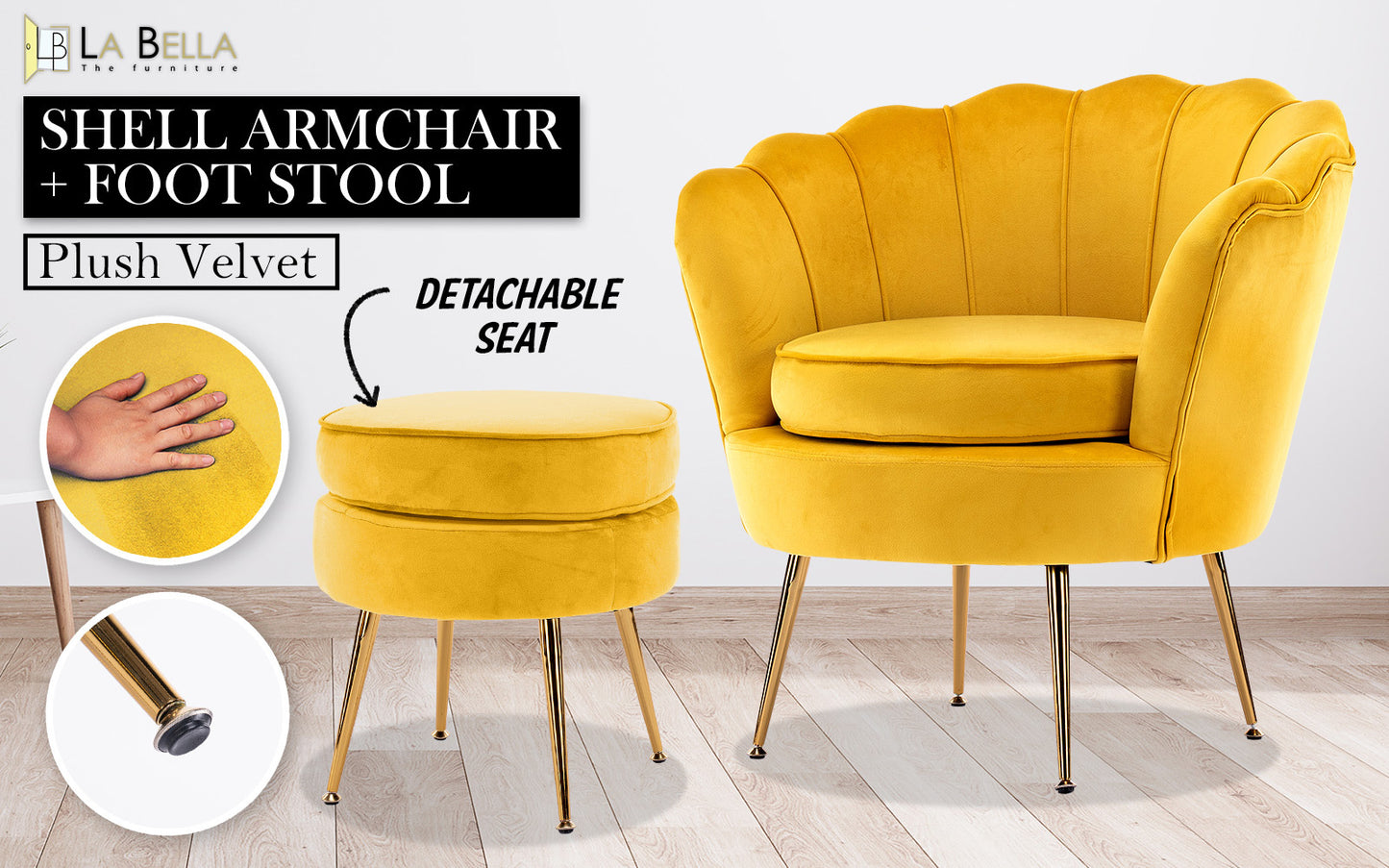 Okretro Armchair Lounge Chair Accent Velvet Shell Scallop + Round Ottoman Footstool YELLOW