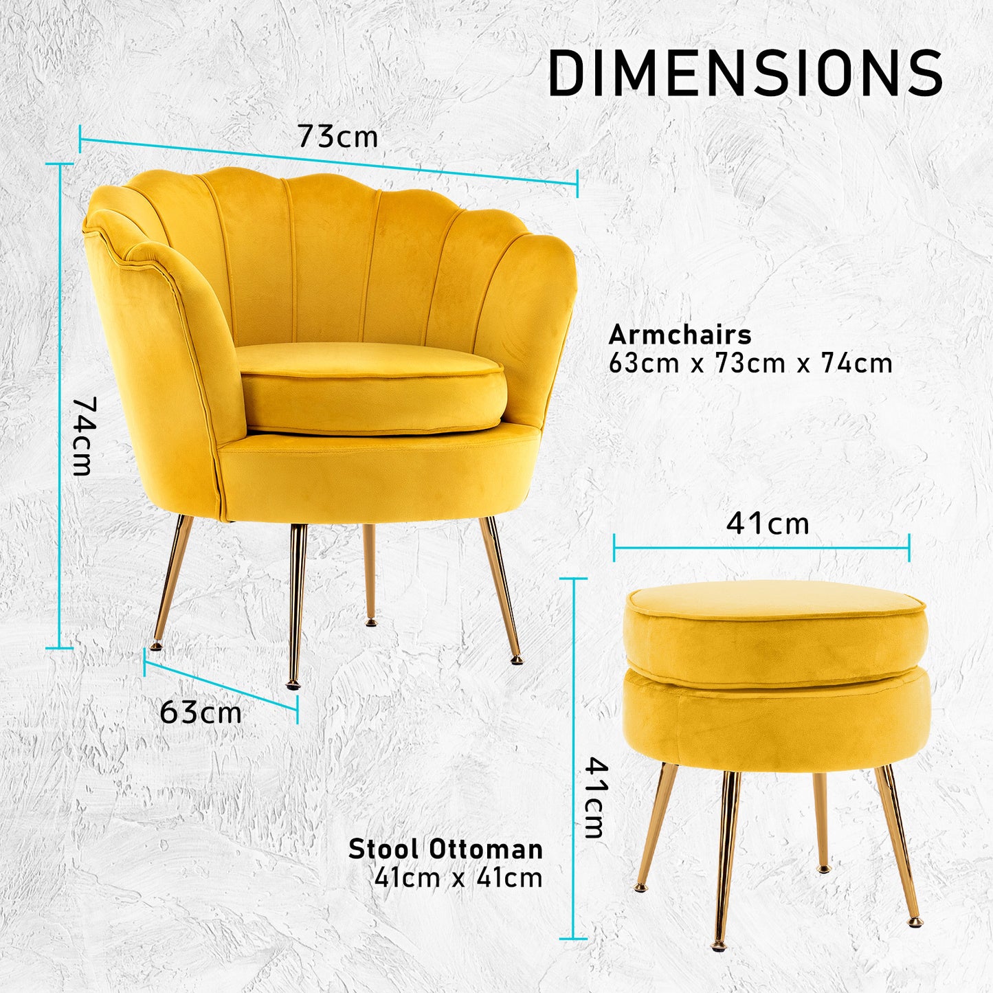 Okretro Armchair Lounge Chair Accent Velvet Shell Scallop + Round Ottoman Footstool YELLOW