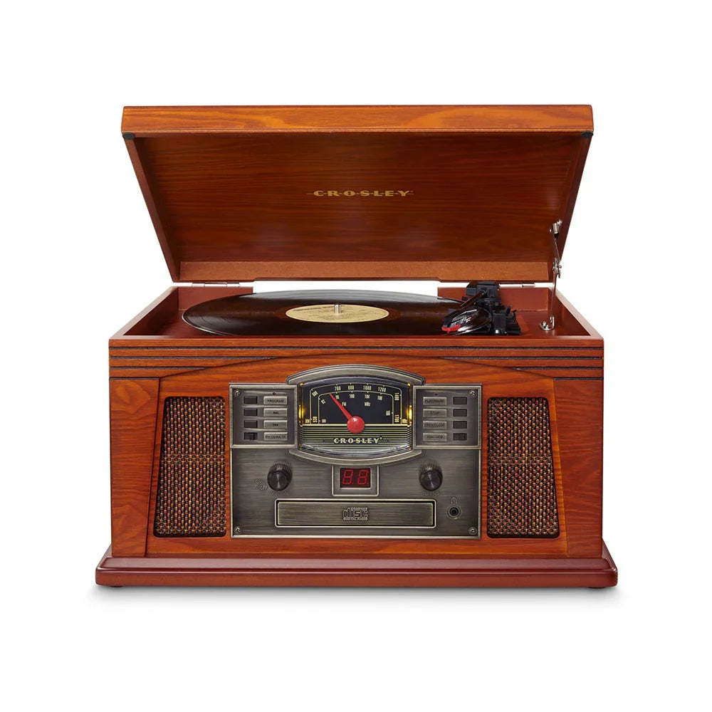 Crosley vintage wooden turntable with record, retro radio and speaker features