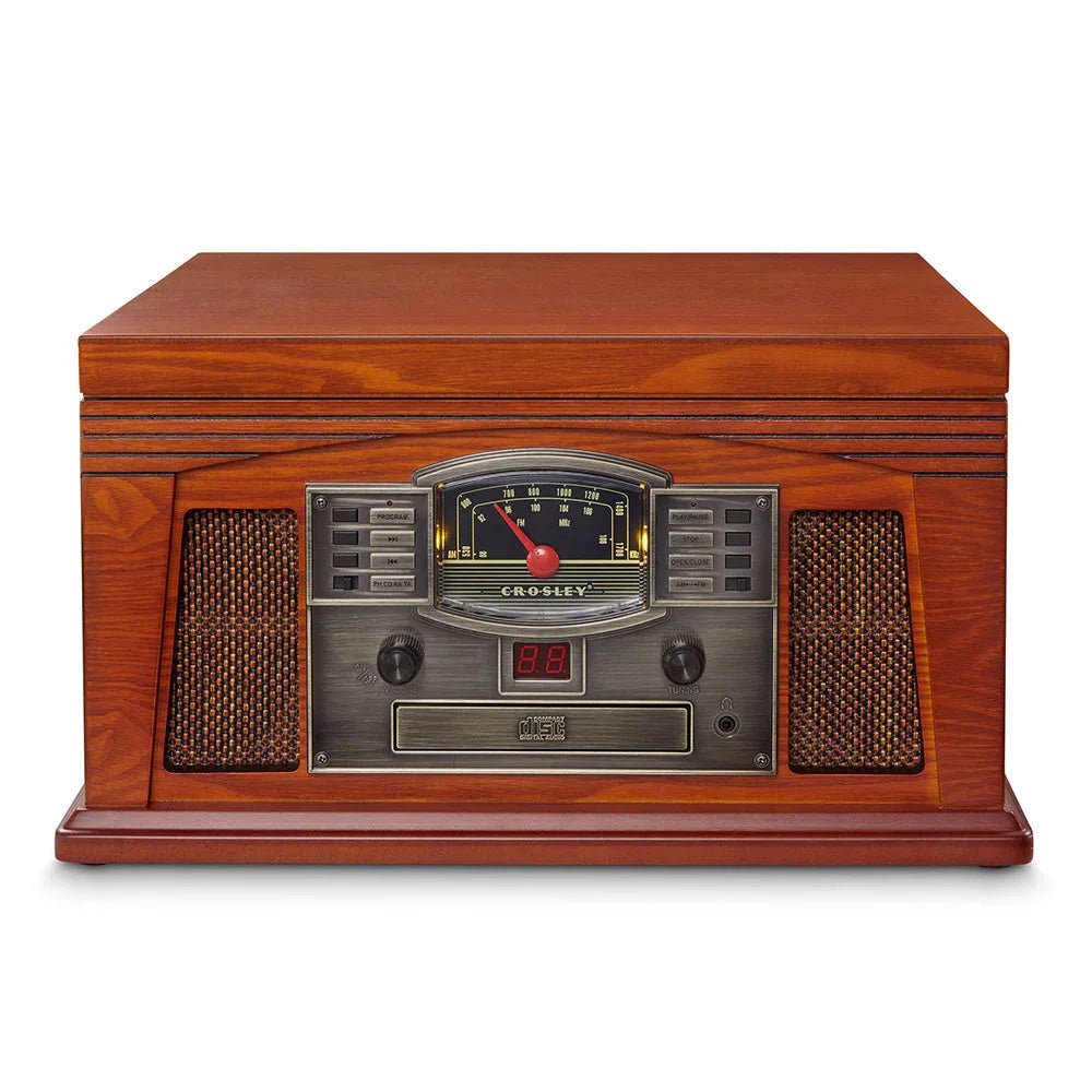 Crosley vintage-style wooden turntable with analog radio and front-facing speakers