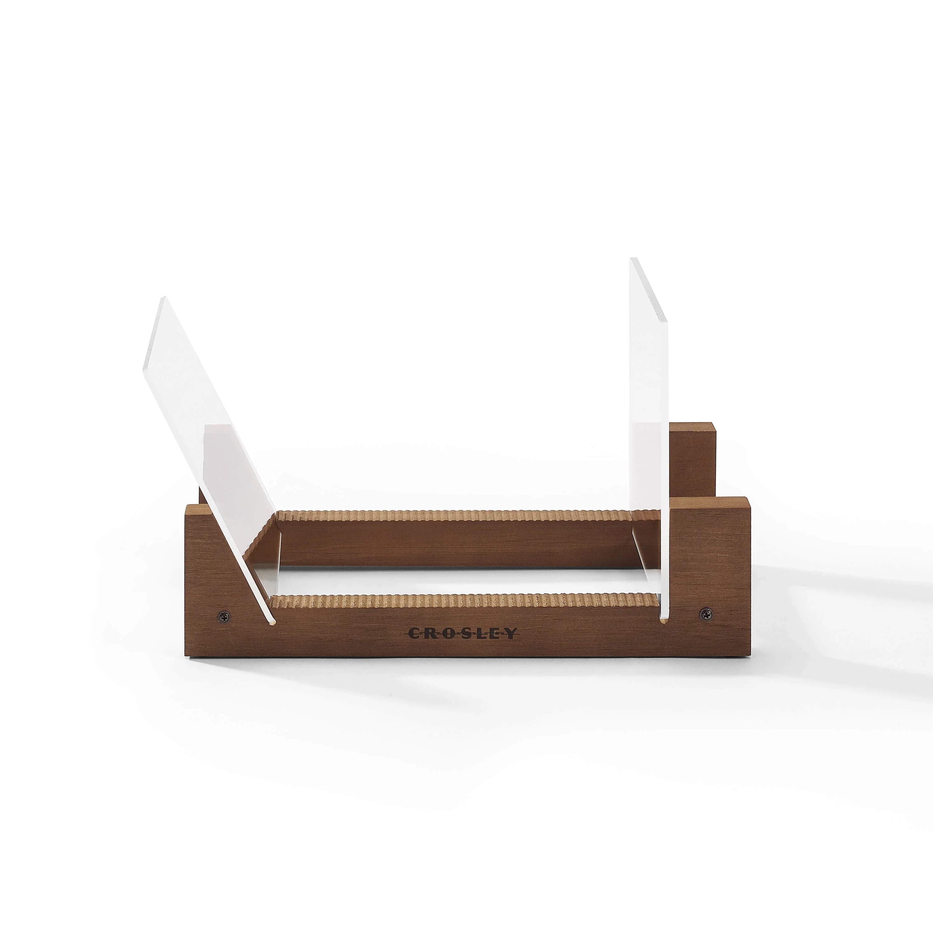 Crosley wooden vinyl record holder with clear acrylic dividers on white background