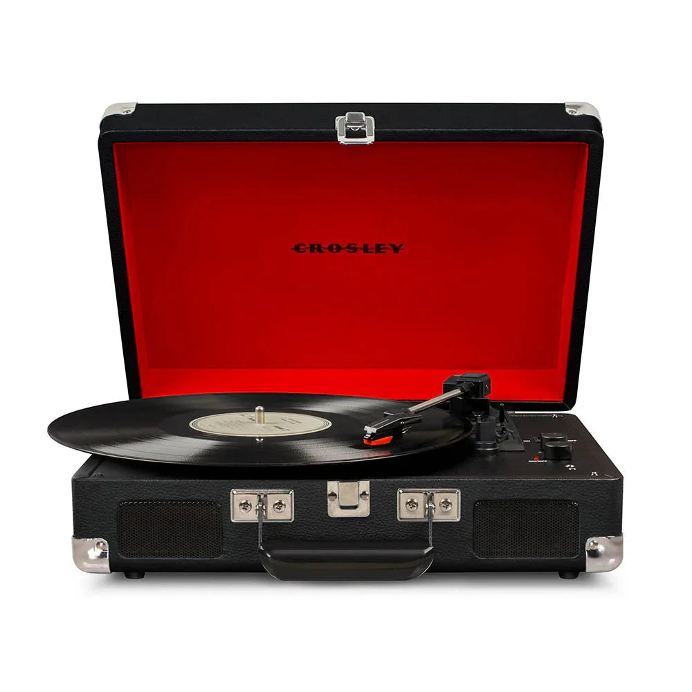 Crosley black suitcase record player with red interior and vinyl record on turntable
