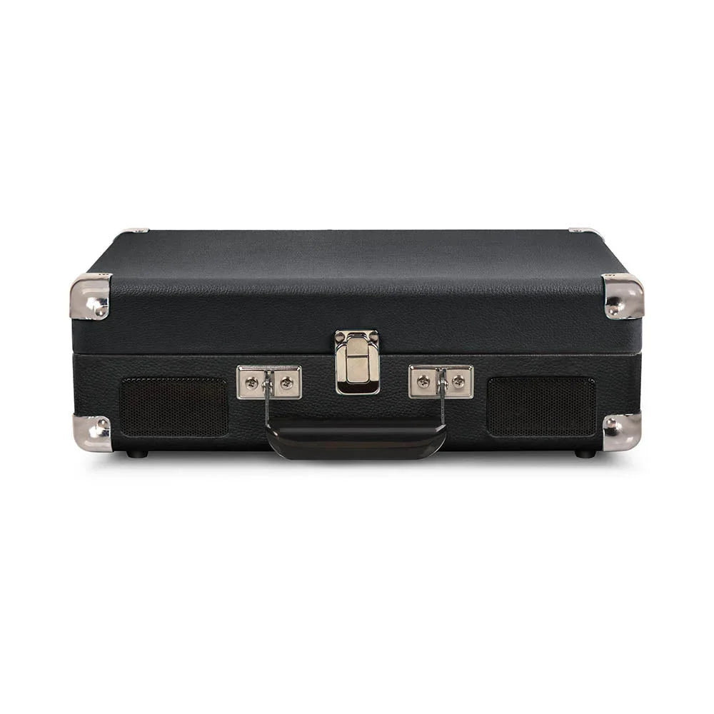 Black portable suitcase-style record player with silver metal corners and handle