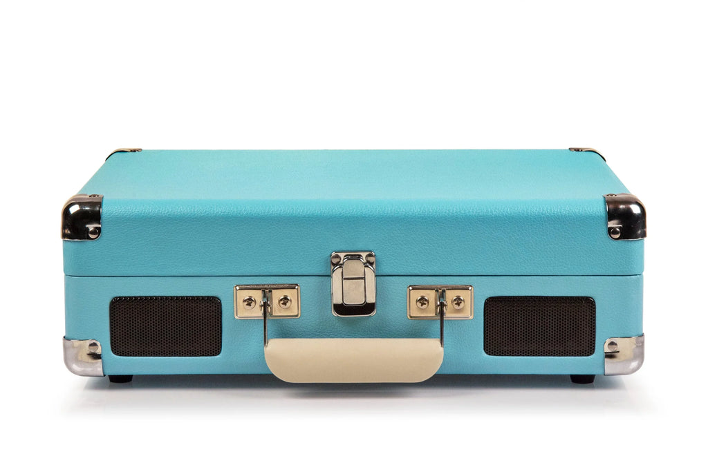 Front view of a turquoise portable record player case with metal corners and handle
