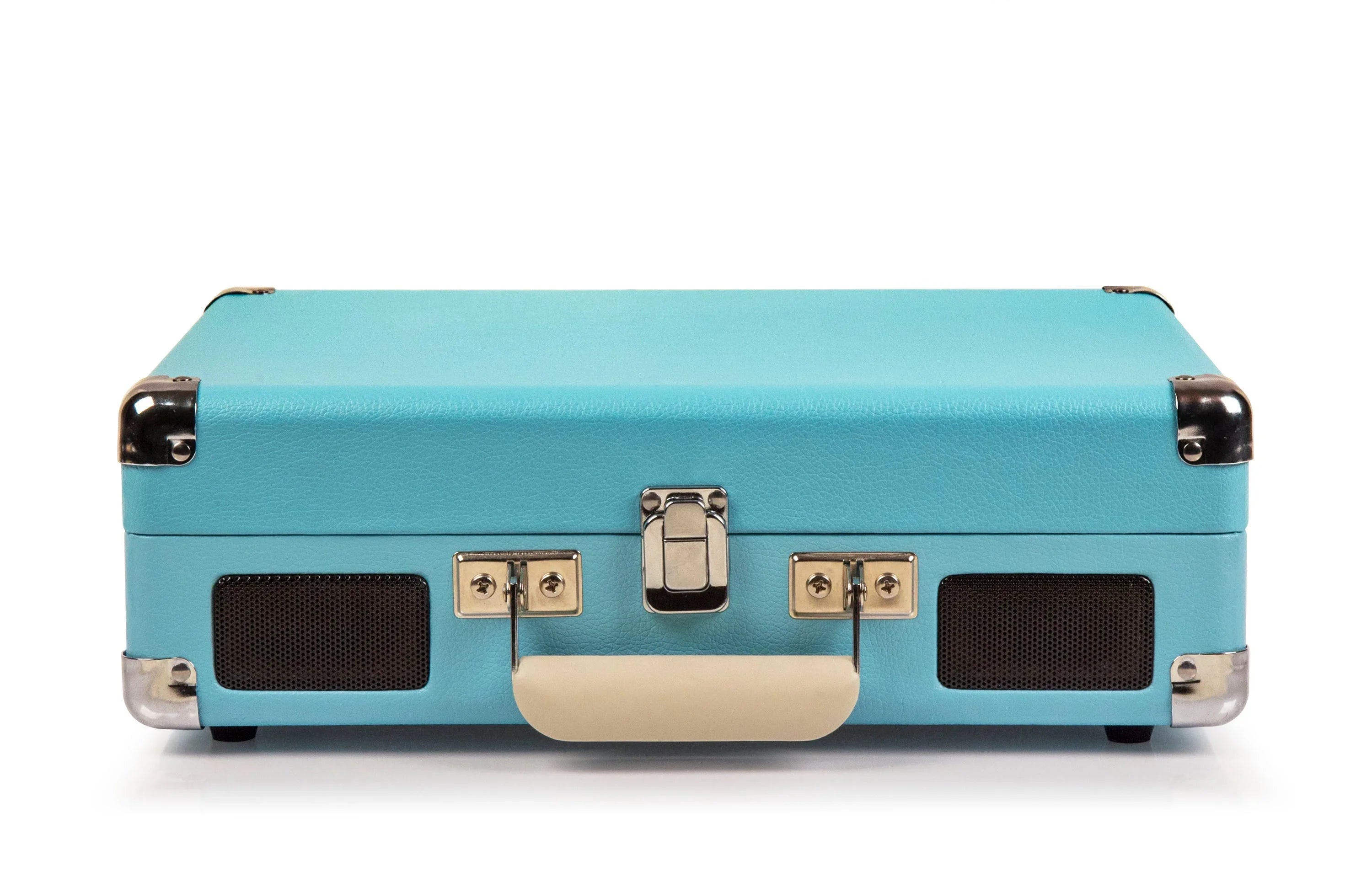 Front view of a turquoise portable record player case with metal corners and handle