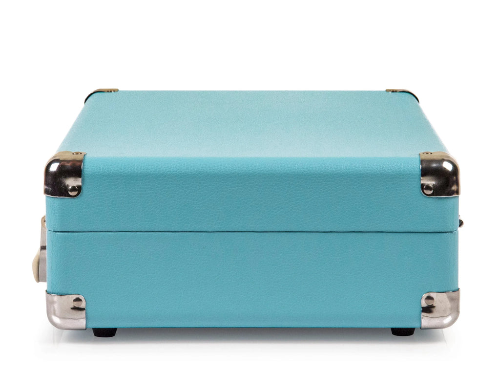 Turquoise portable suitcase with metal corner protectors on a white background