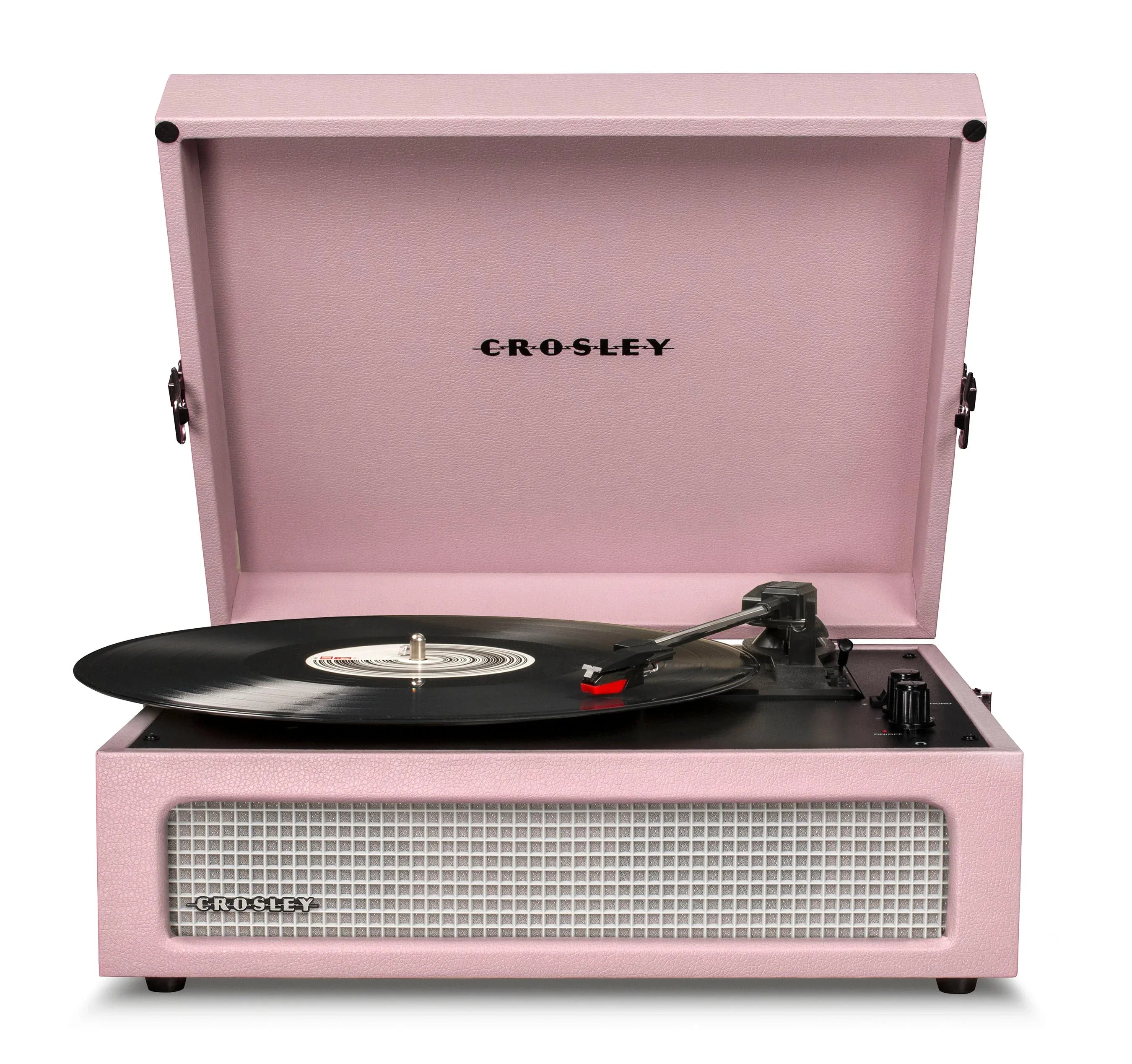 Pink Crosley record player with vinyl on turntable, open lid, front speaker visible