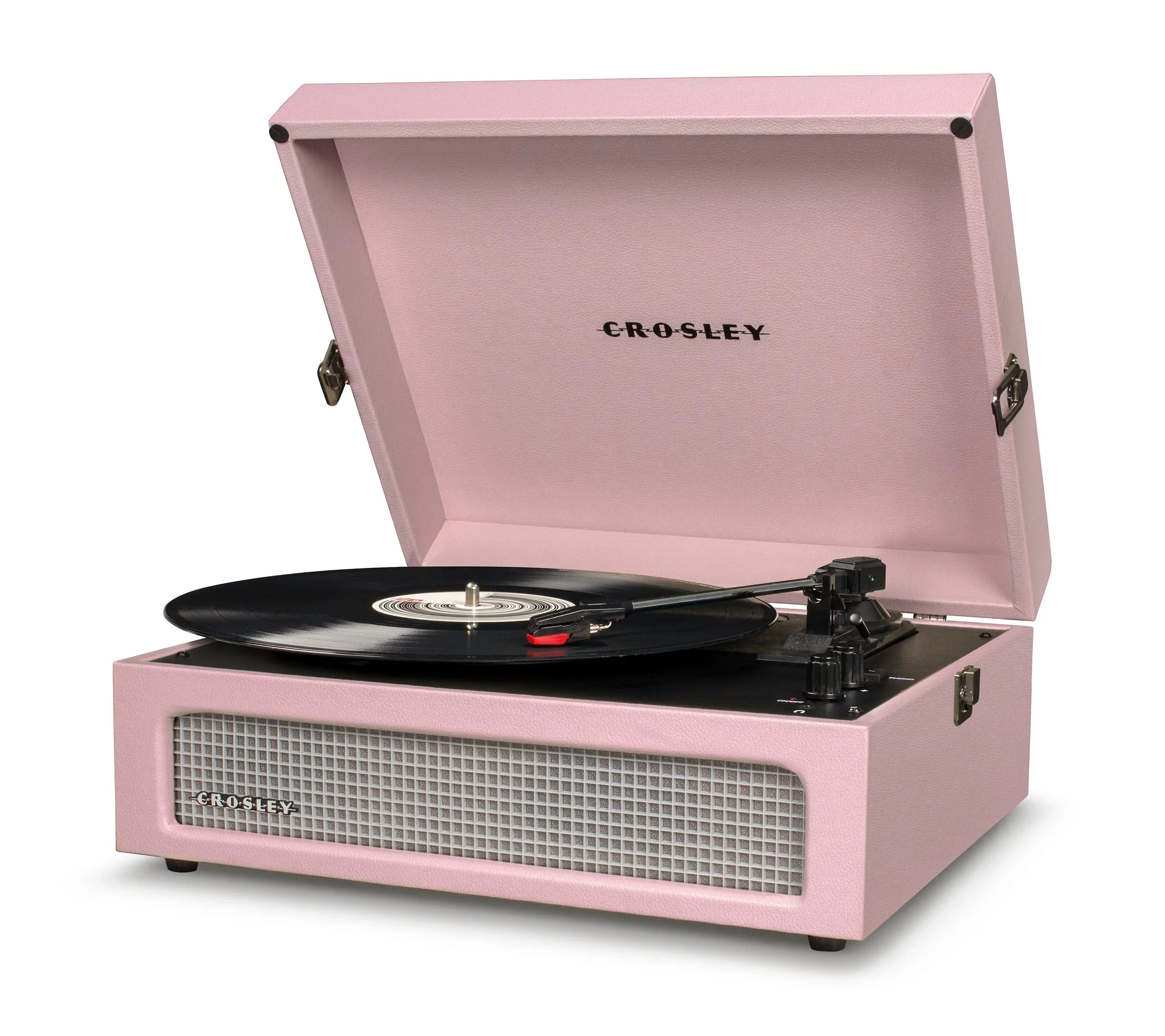 Pink Crosley record player with vinyl on turntable, open lid, retro design