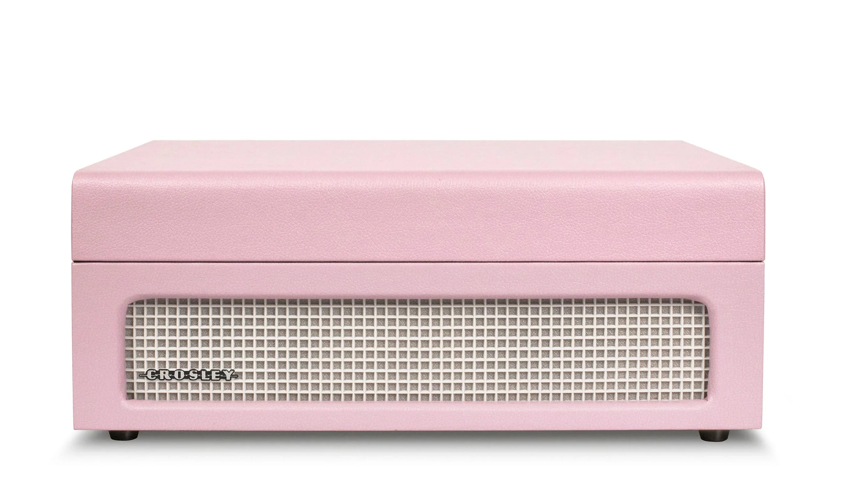 Pink Crosley retro speaker with front grille on white background