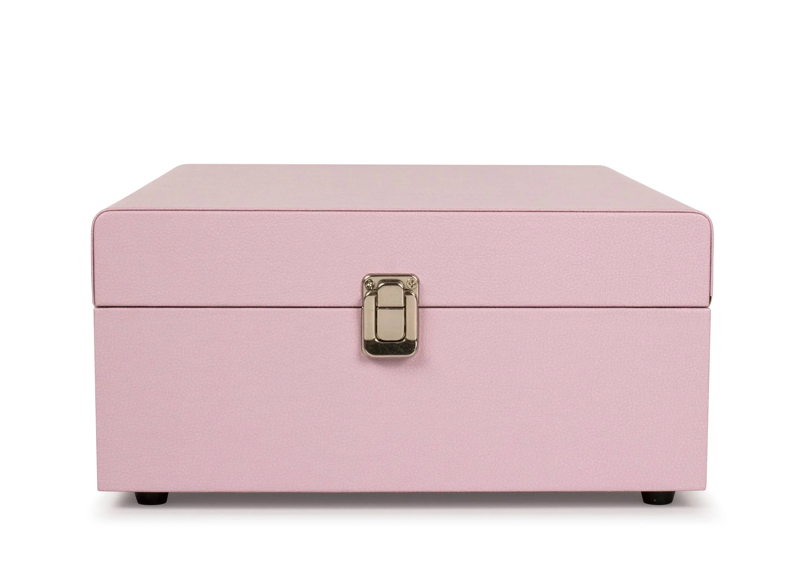 Pink leather jewelry box with silver clasp on white background