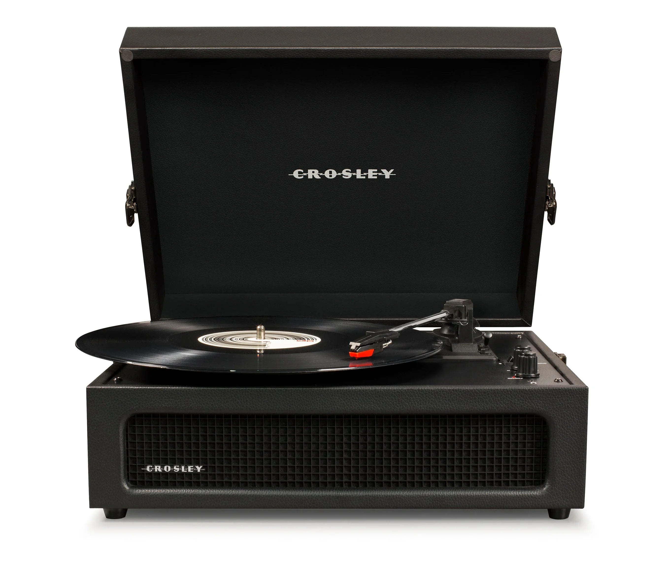 Crosley black portable record player with vinyl on turntable, open lid, front speaker grill visible