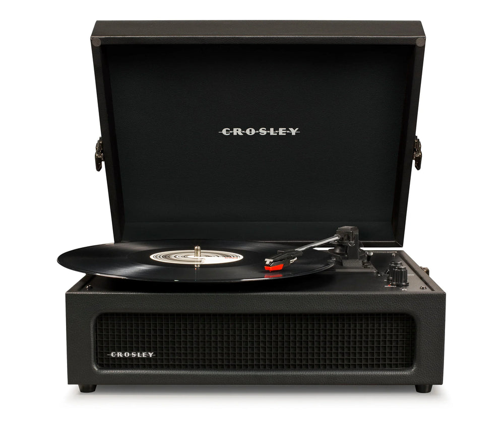 Crosley black portable record player with vinyl on turntable, open lid, front speaker grill visible