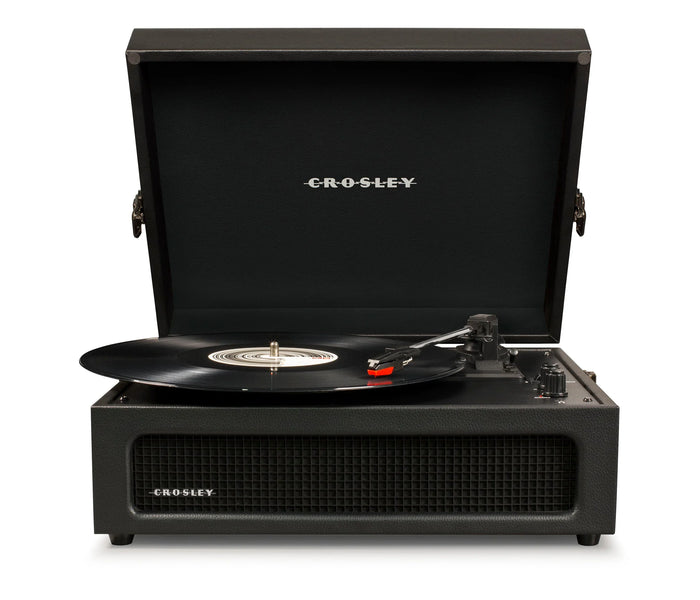 Crosley black portable record player with vinyl on turntable, open lid, front speaker grill visible