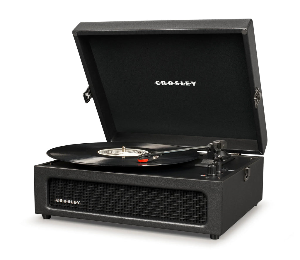 Crosley black vintage turntable record player with open lid and vinyl record