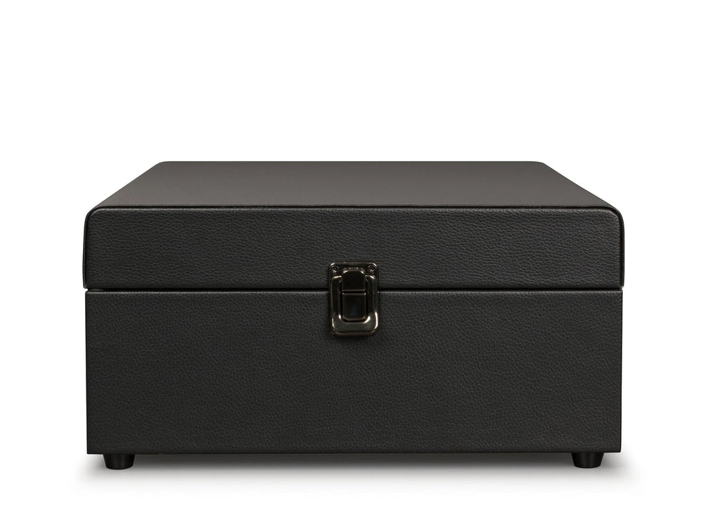 Black leather watch storage box with metal latch on white background