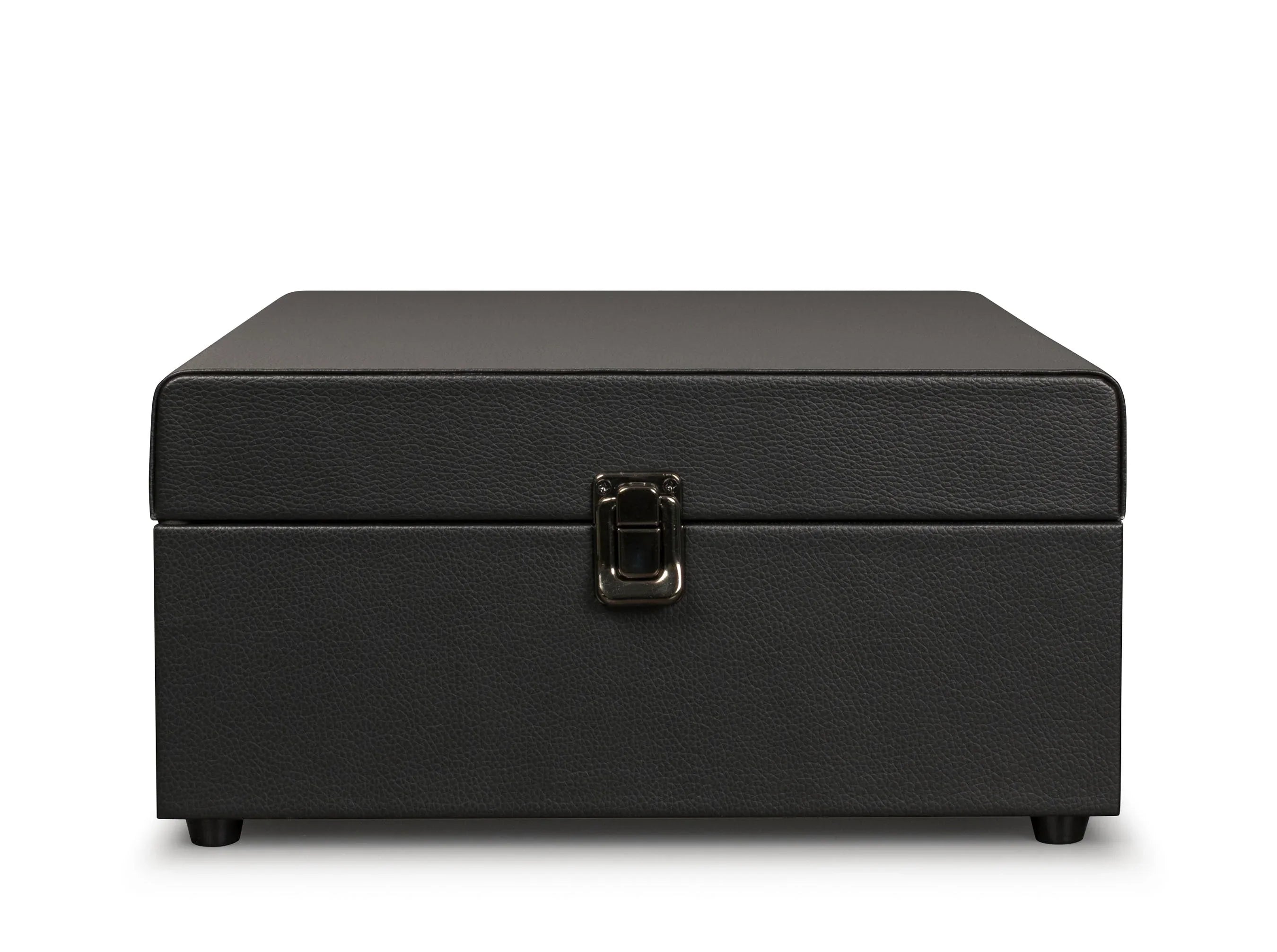 Black leather watch storage box with metal latch on white background