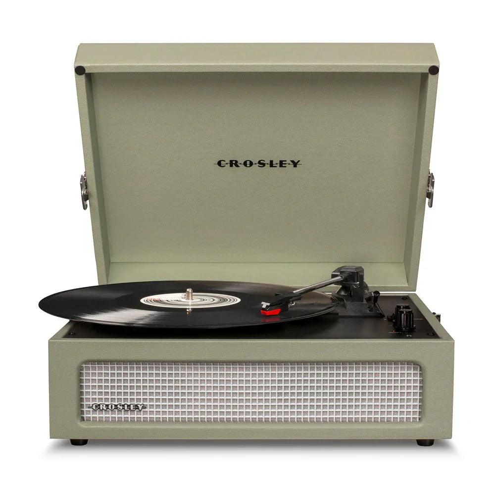 Crosley vintage turntable record player with vinyl, open lid, and front mesh speaker.