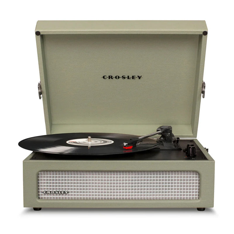 Crosley vintage turntable record player with vinyl, open lid, and front mesh speaker.