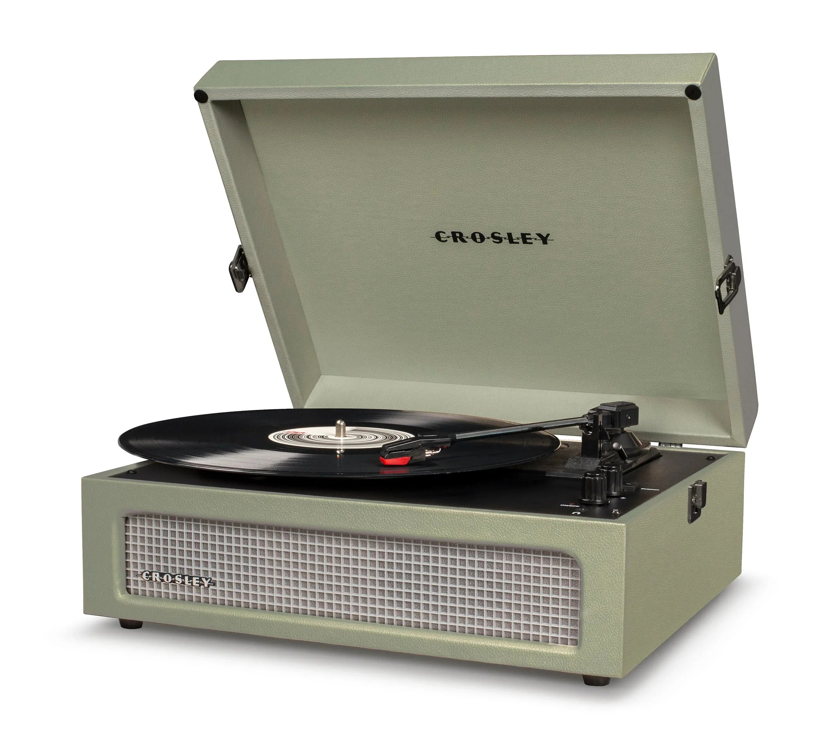 Crosley green record player with open lid playing a vinyl on a white background