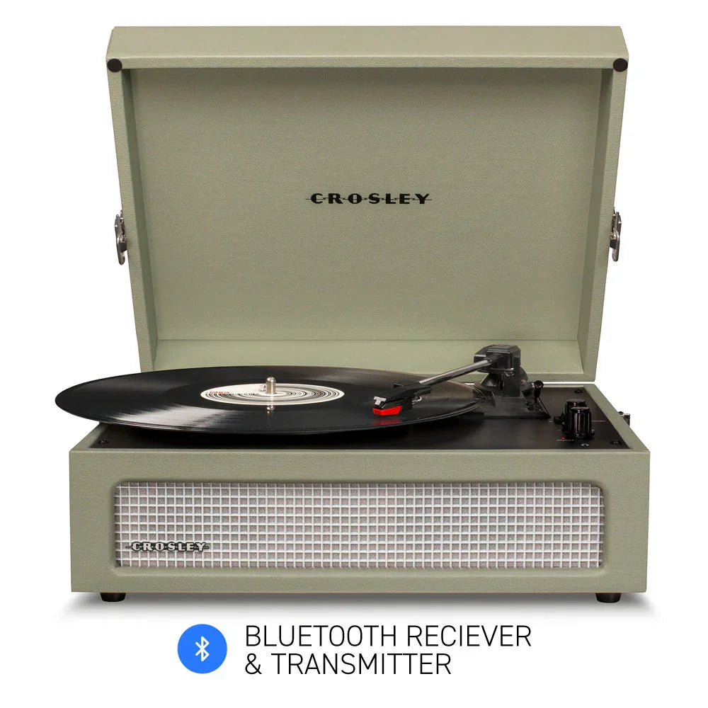 Crosley Bluetooth record player with vinyl on platter and built-in speaker