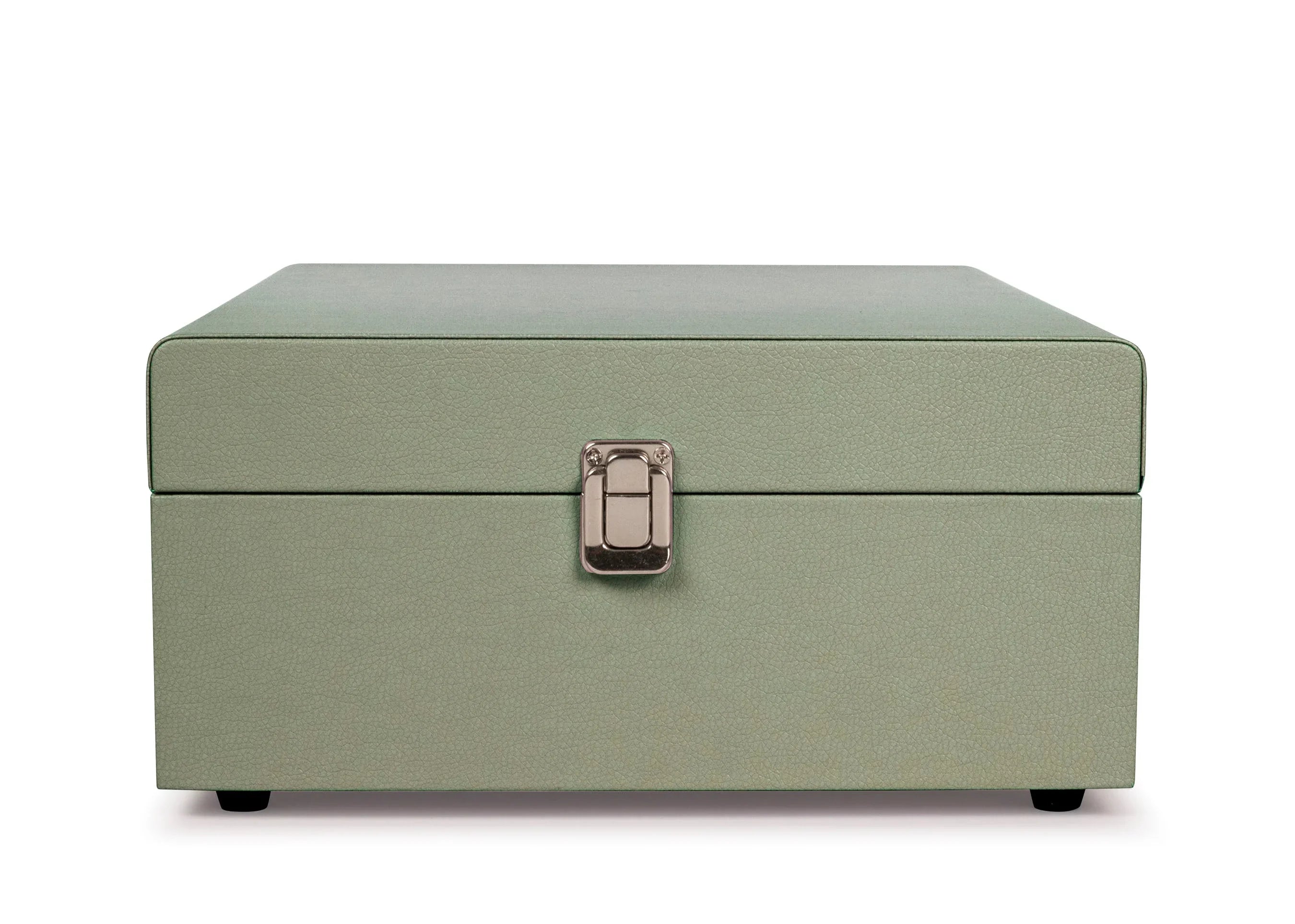 Sage green leather jewelry box with silver clasp on white background