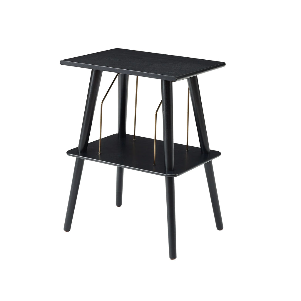 Black mid-century modern side table with two tiers and angled legs